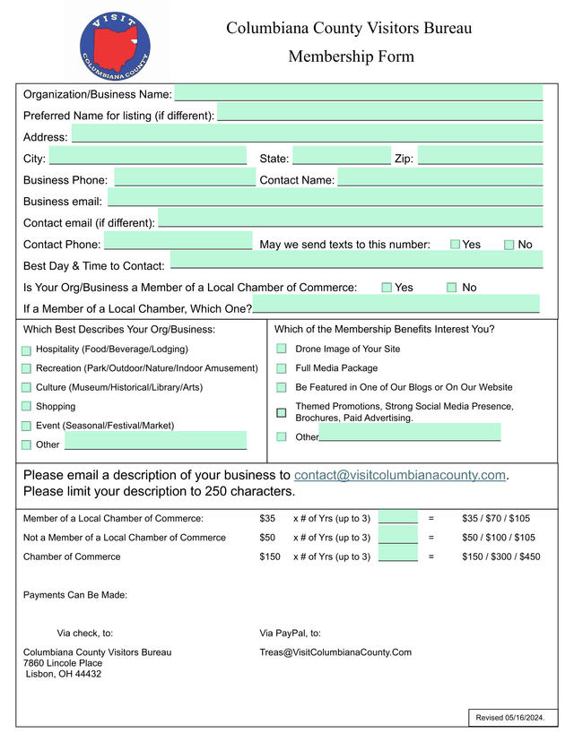 Columbiana County Visitors Bureau Membership Form screenshot