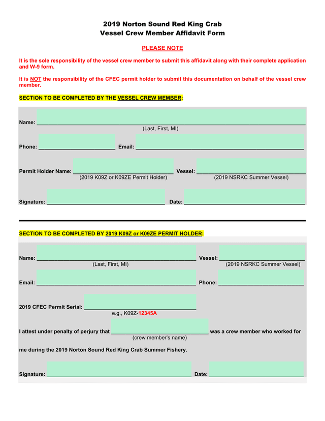 2019 Norton Sound Red King Crab Vessel Crew Member Affidavit Form screenshot