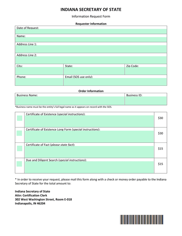 Indiana Secretary Of State Information Request Form screenshot