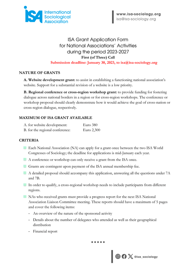 ISA Grant Application Form For National Associations Activities screenshot