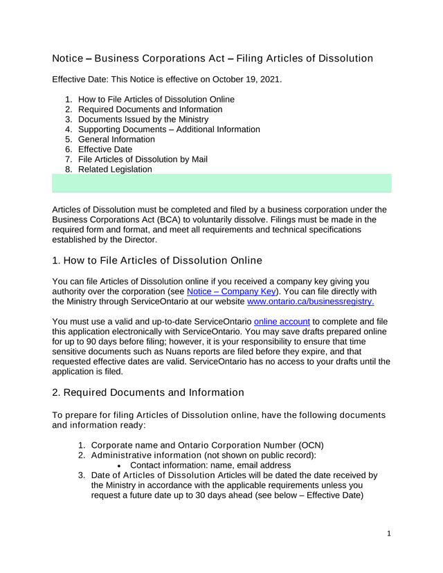 Notice  Business Corporations Act  Filing Articles Of Dissolution screenshot