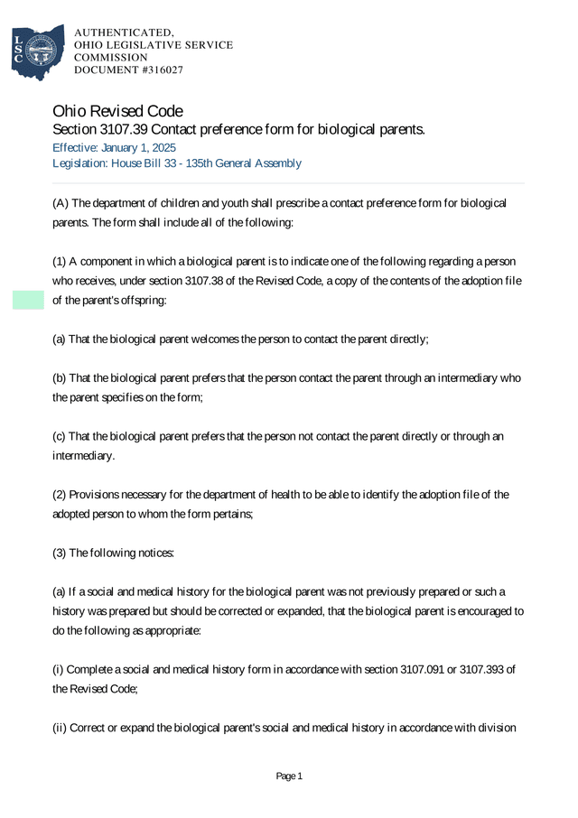 Ohio Revised Code Section 3107.39 Contact Preference Form For Biological Parents screenshot
