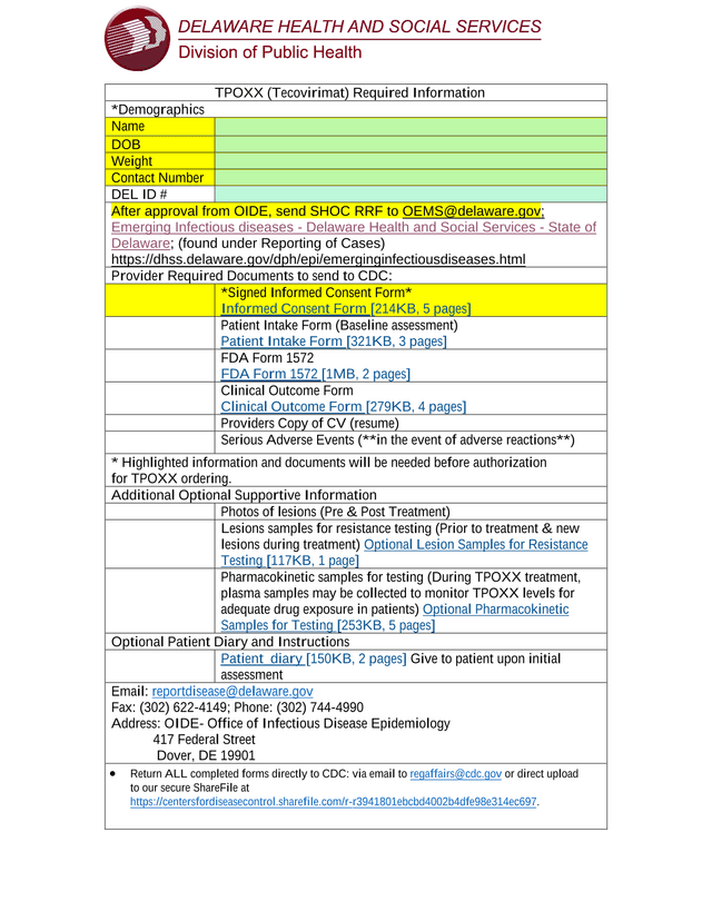 TPOXX (Tecovirimat) Required Information screenshot