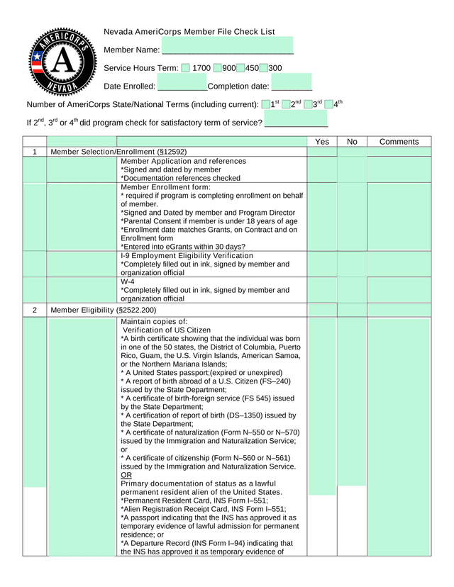 Nevada AmeriCorps Member File Check List screenshot