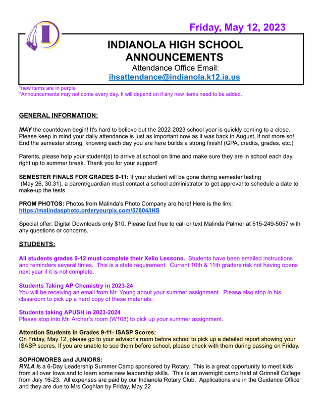 Indianola High School Announcements screenshot