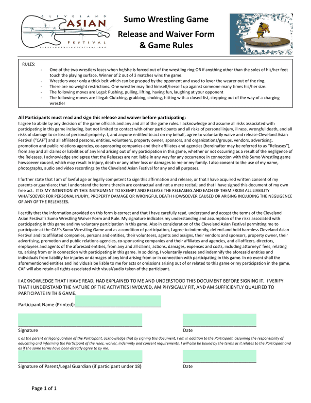 Sumo Wrestling Game Release And Waiver Form  Game Rules screenshot