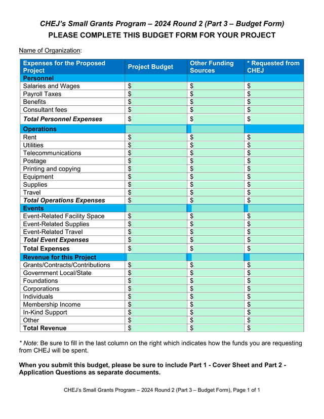 CHEJS Small Grants Program  2024 Round 2 (Part 3  Budget Form) screenshot