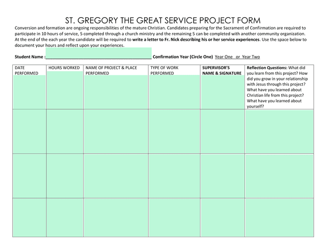 St. Gregory The Great Service Project Form screenshot