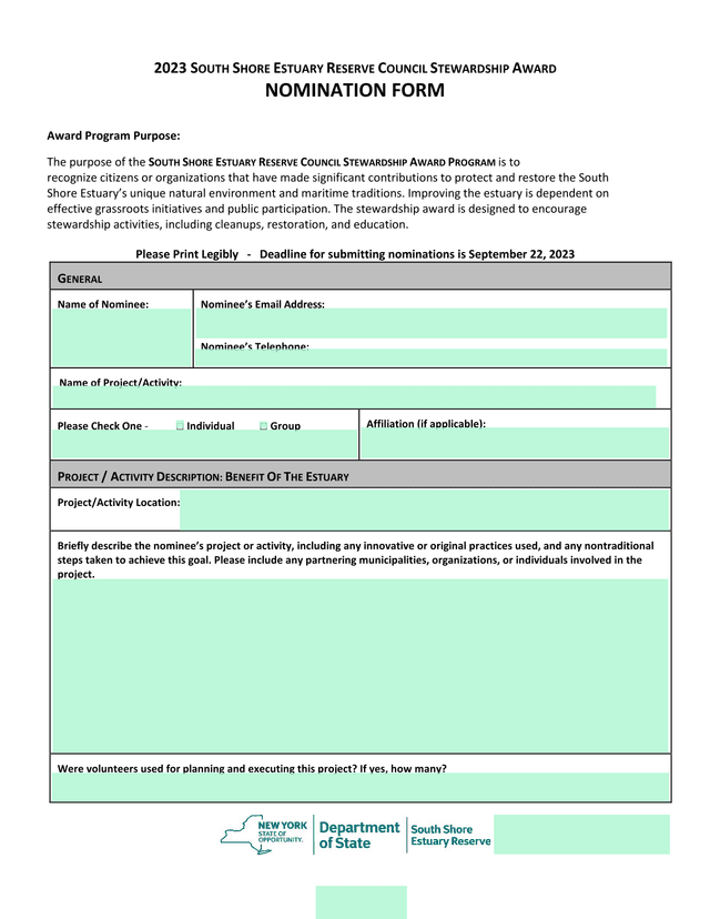 2023 South Shore Estuary Reserve Council Stewardship Award Nomination Form screenshot