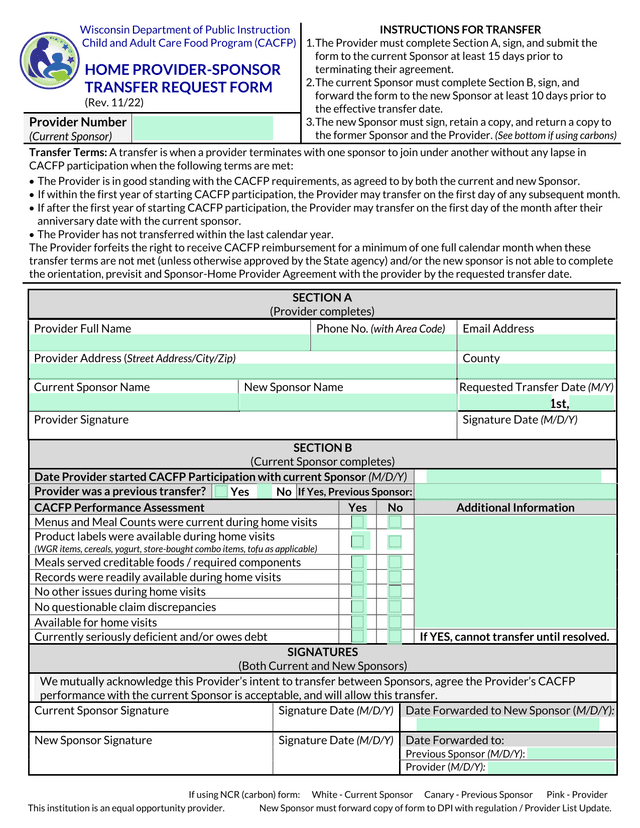 HOME PROVIDER SPONSOR TRANSFER REQUEST FORM screenshot