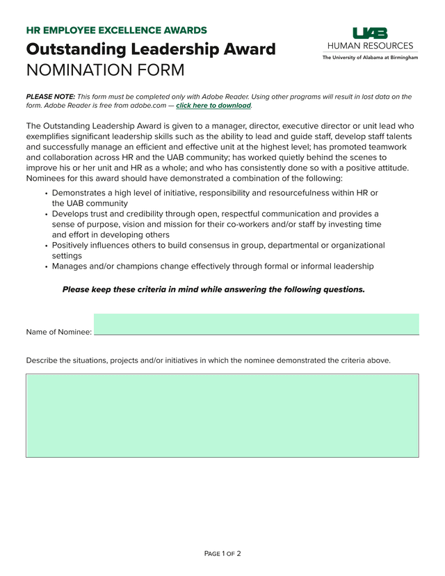 HR Employee Excellence Awards Outstanding Leadership Award Nomination Form screenshot