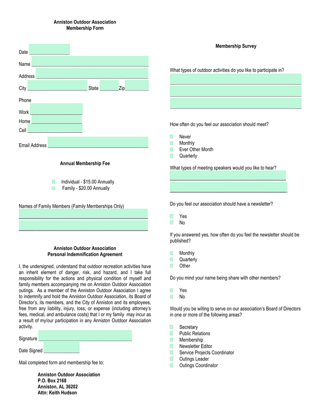 Anniston Outdoor Association Membership Form screenshot