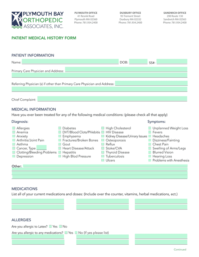 PATIENT MEDICAL HISTORY FORM screenshot