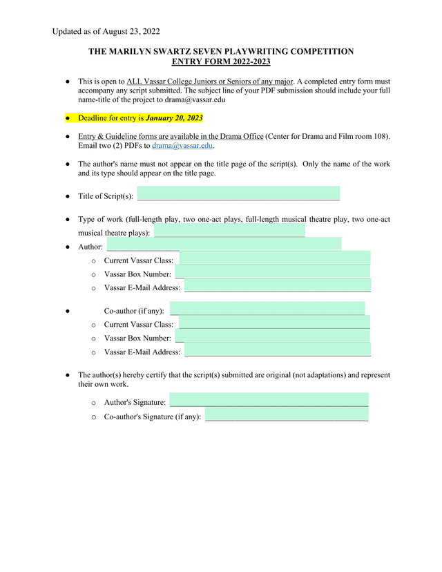 THE MARILYN SWARTZ SEVEN PLAYWRITING COMPETITION ENTRY FORM 2022 2023 screenshot