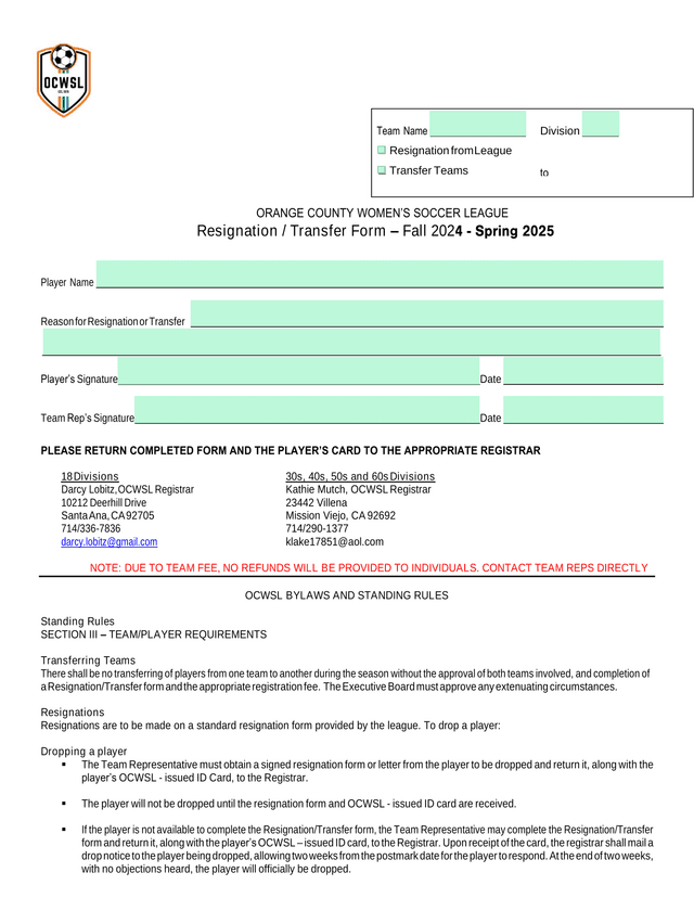 Orange County WomenS Soccer League Resignation  Transfer Form screenshot