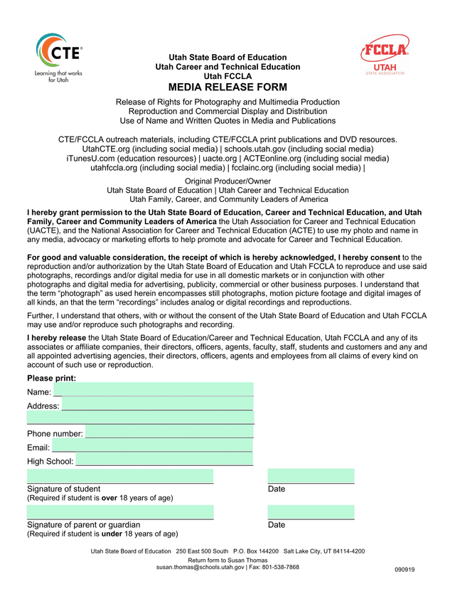 Utah FCCLA Media Release Form screenshot