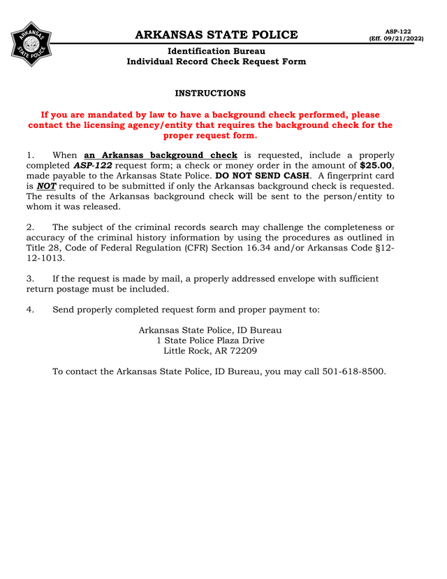 Arkansas State Police   Individual Record Check Request Form screenshot