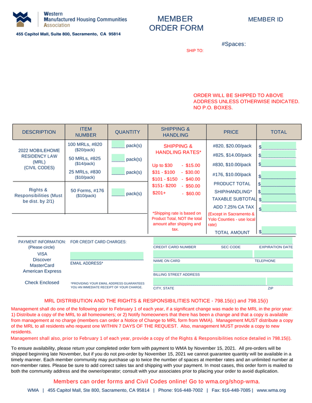 WMA Member Order Form screenshot