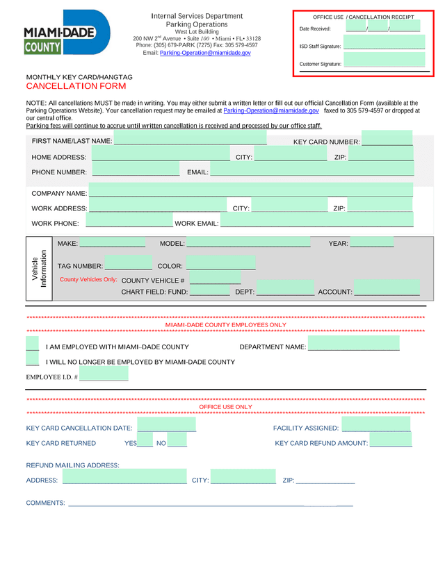 Monthly Key CardHangtag Cancellation Form screenshot