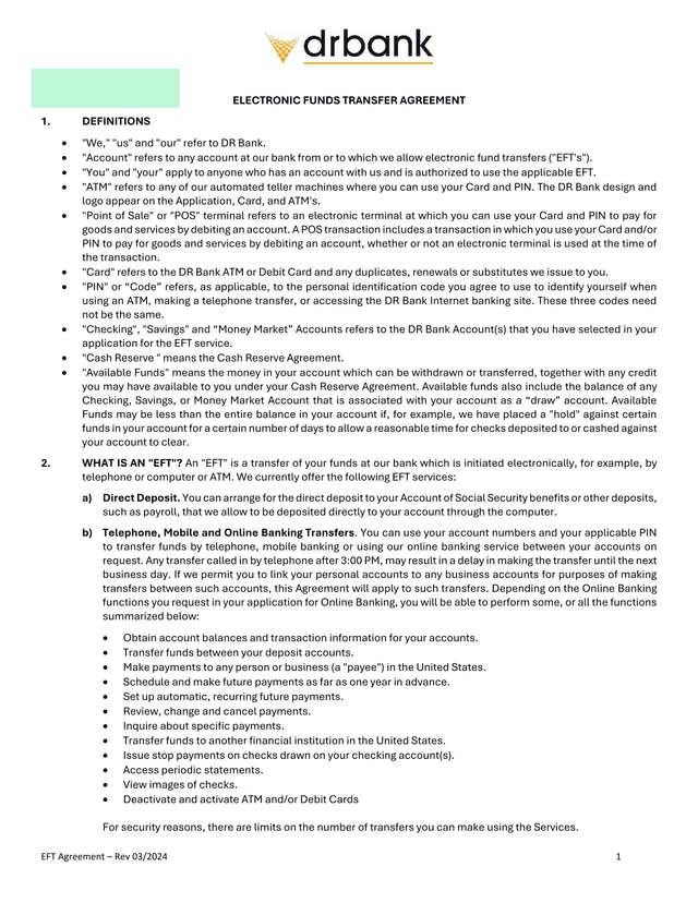 Electronic Funds Transfer Agreement screenshot
