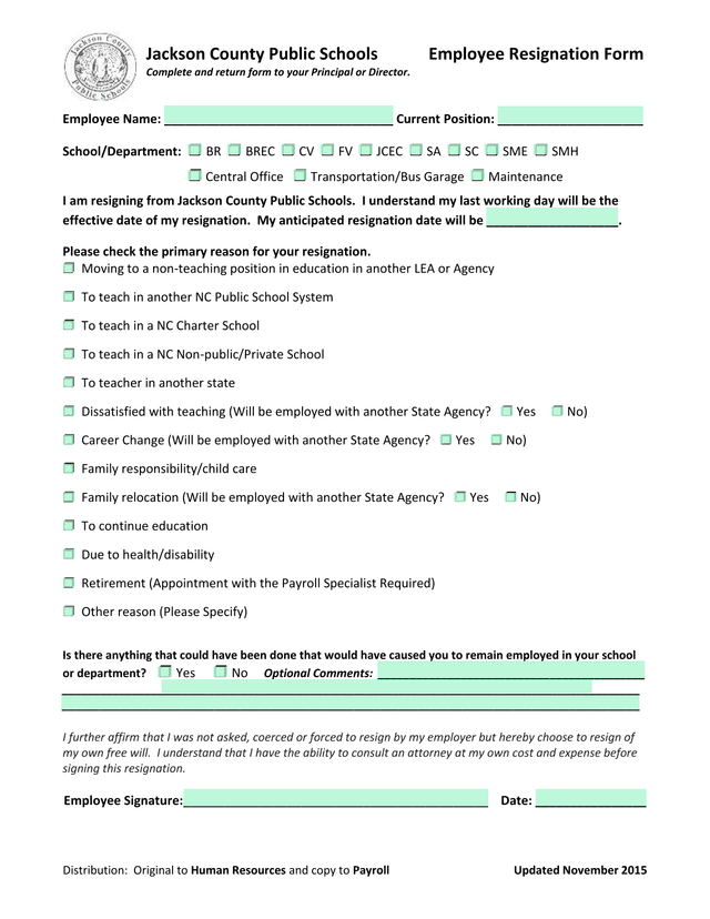 Employee Resignation Form screenshot