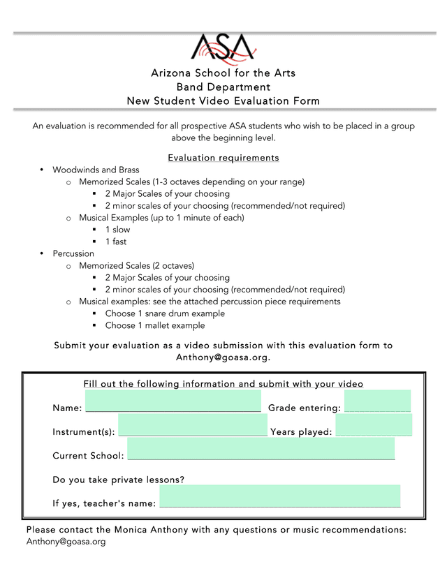 New Student Video Evaluation Form screenshot