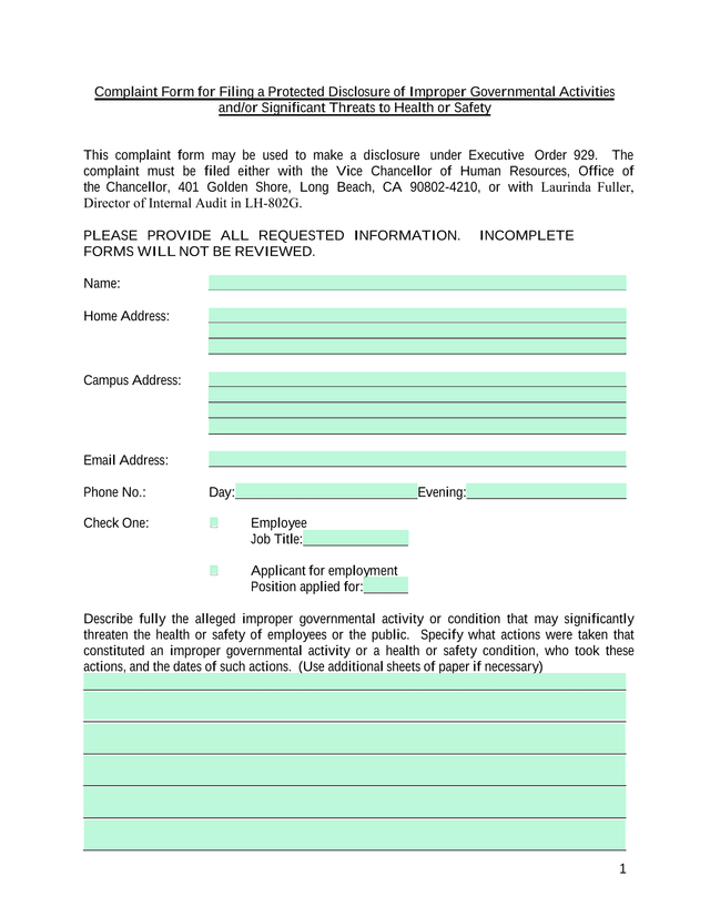 Complaint Form For Filing A Protected Disclosure Of Improper Governmental Activities AndOr Significa screenshot