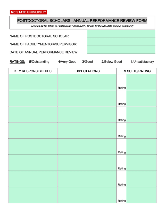 Postdoctoral Scholars Annual Performance Review Form screenshot