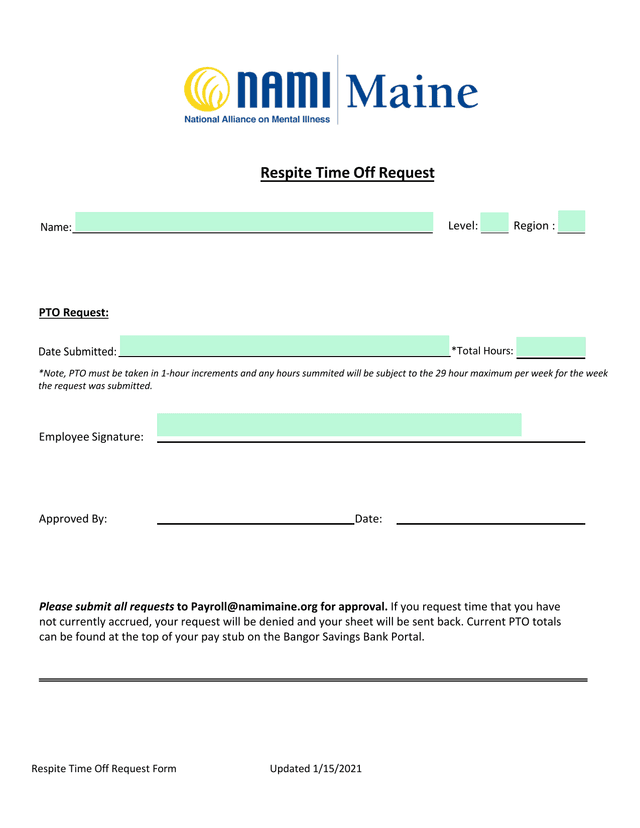 Respite Time Off Request Form screenshot