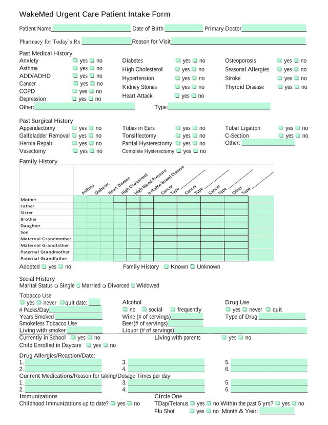 WakeMed Urgent Care Patient Intake Form screenshot
