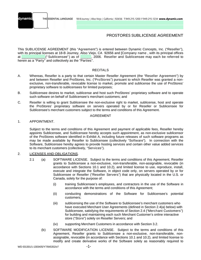 ProStores Sublicense Agreement screenshot