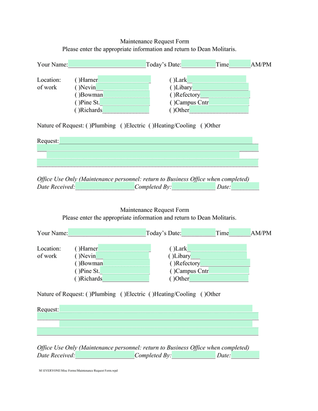 Maintenance Request Form screenshot