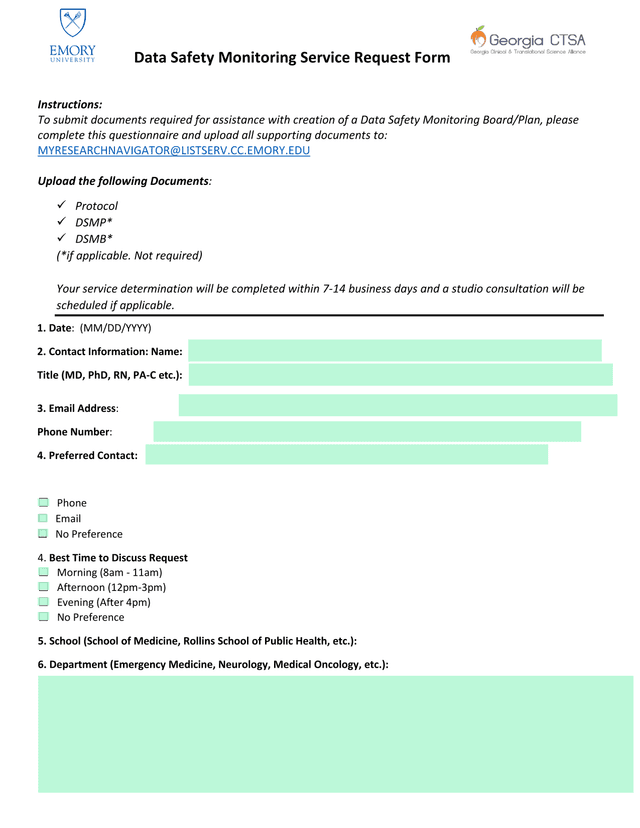 Data Safety Monitoring Service Request Form screenshot