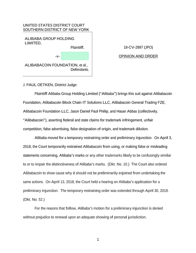 Alibaba Group Holding Limited V. Alibabacoin Foundation screenshot