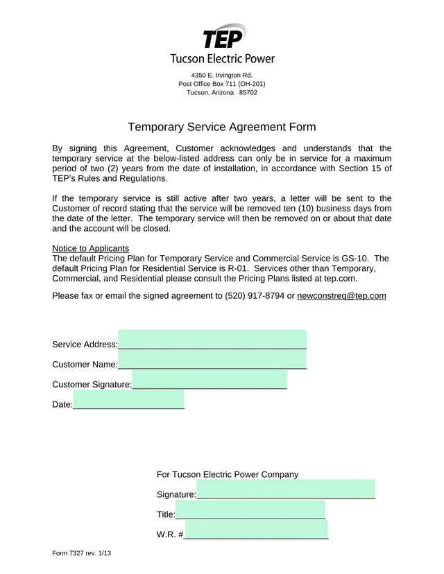 Temporary Service Agreement Form screenshot