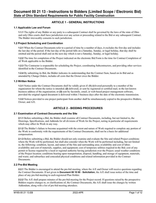 Document 00 21 13   Instructions To Bidders (Limited Scope  Electronic Bid) screenshot