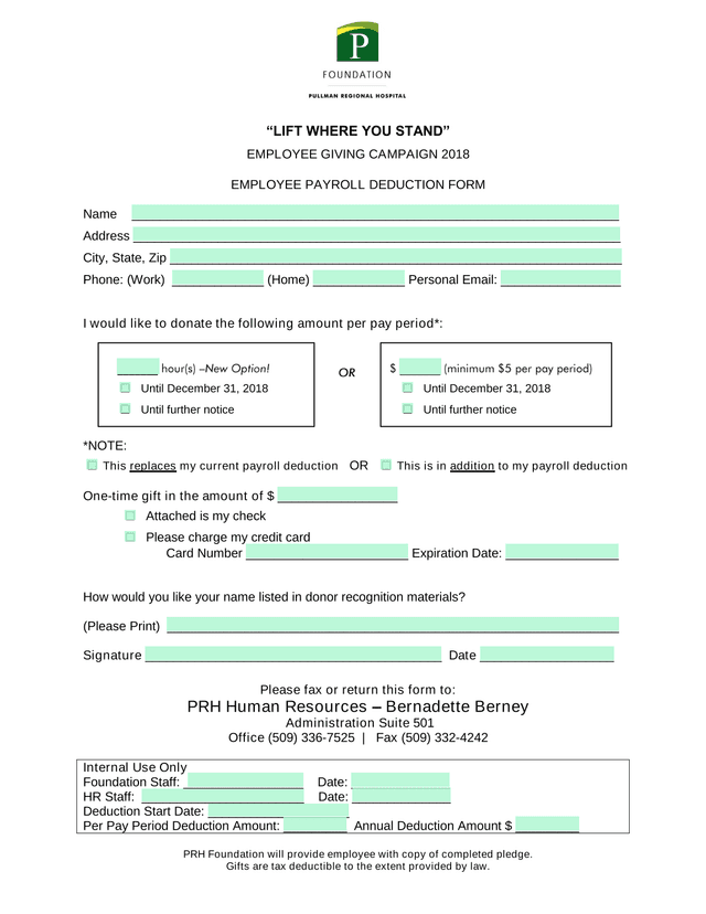 LIFT WHERE YOU STAND EMPLOYEE GIVING CAMPAIGN 2018 EMPLOYEE PAYROLL DEDUCTION FORM screenshot