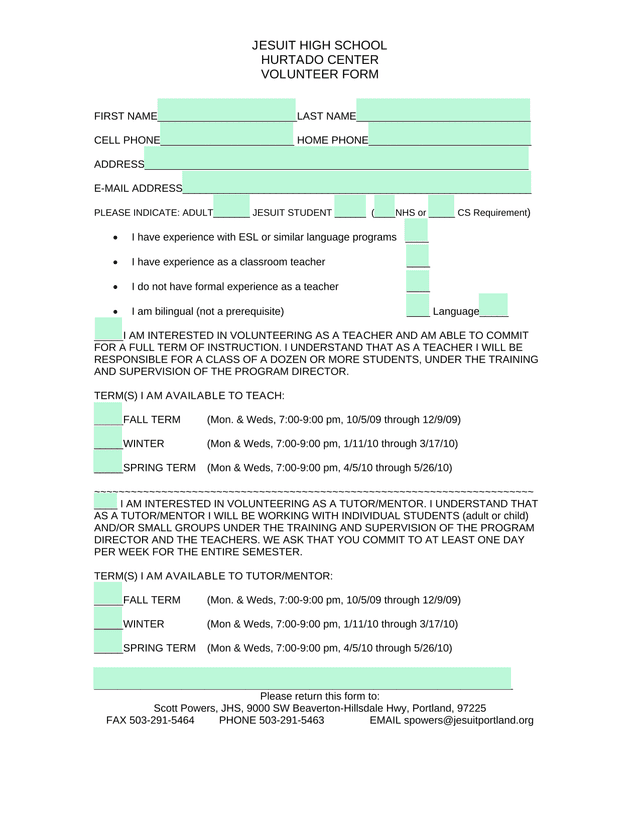 Jesuit High School Hurtado Center Volunteer Form screenshot