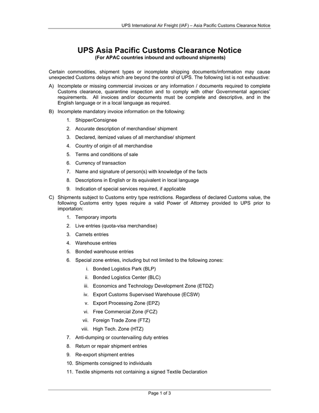 UPS International Air Freight (IAF)  Asia Pacific Customs Clearance Notice screenshot