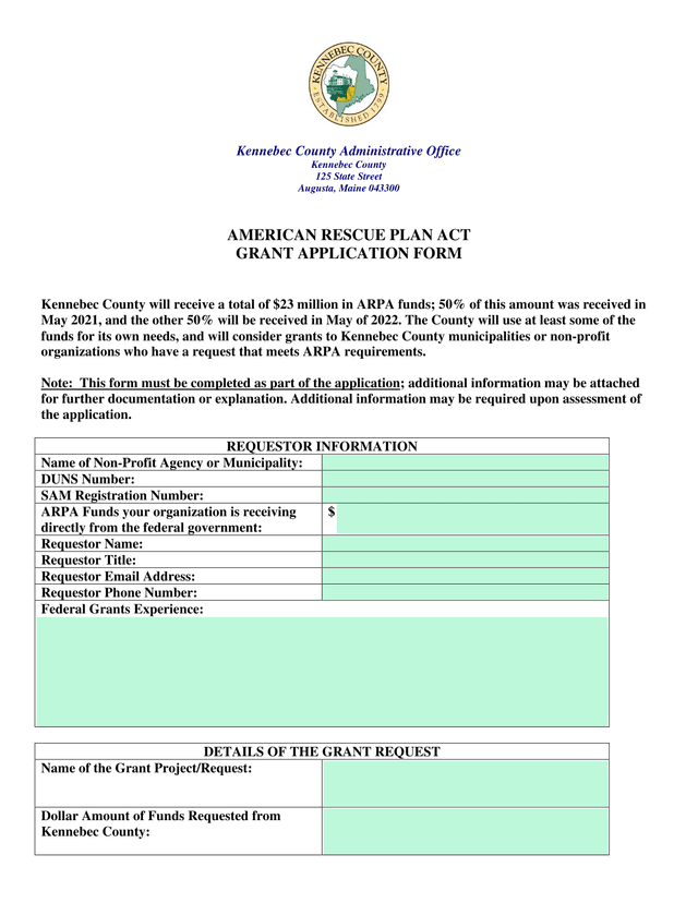 AMERICAN RESCUE PLAN ACT GRANT APPLICATION FORM screenshot