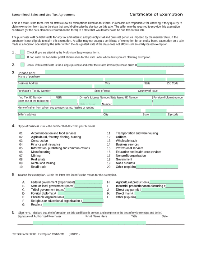 Streamlined Sales And Use Tax Agreement Certificate Of Exemption screenshot