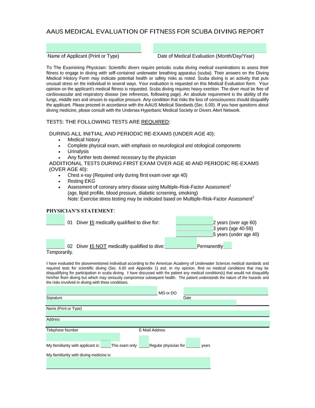 AAUS Medical Evaluation Of Fitness For Scuba Diving Report screenshot