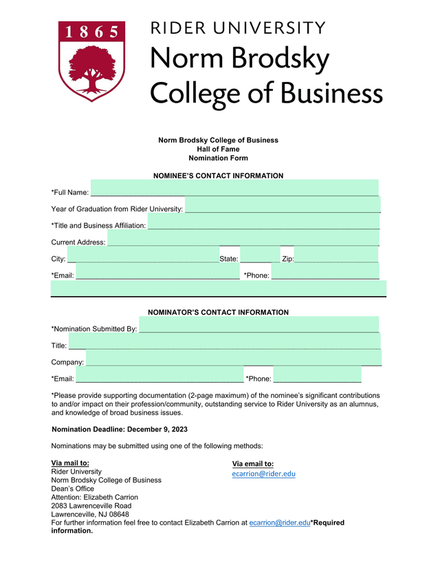 Norm Brodsky College Of Business Hall Of Fame Nomination Form screenshot