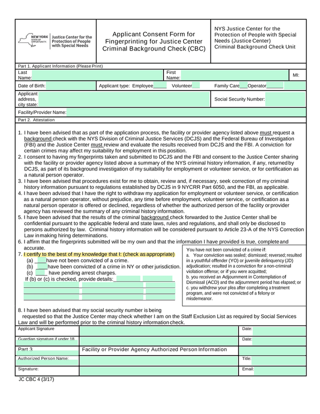 Applicant Consent Form For Fingerprinting For Justice Center Criminal Background Check (CBC) screenshot