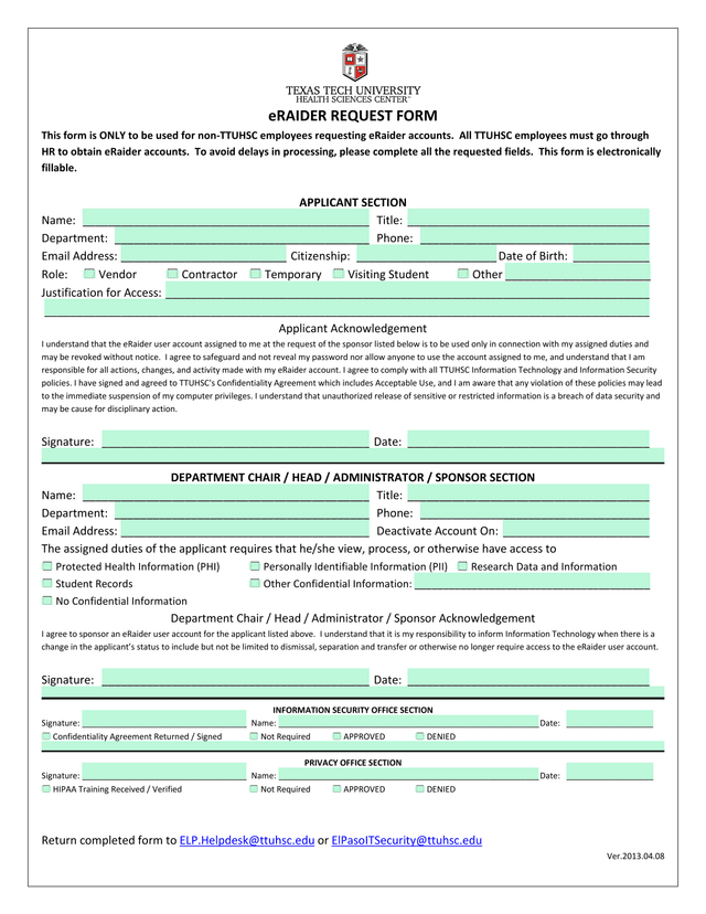 ERAIDER REQUEST FORM screenshot