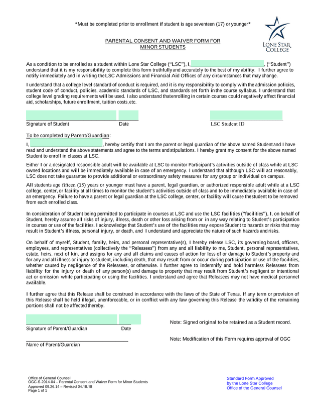 Parental Consent And Waiver Form For Minor Students screenshot
