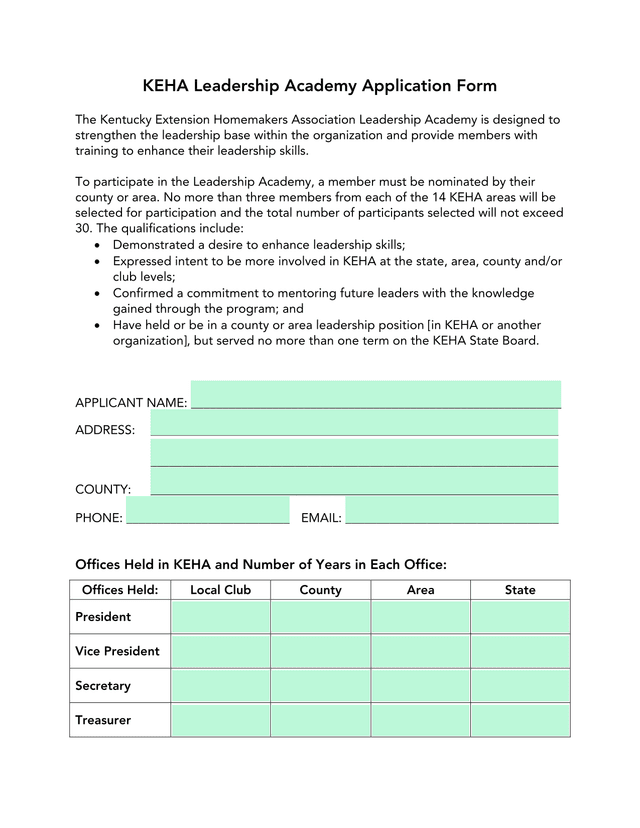 KEHA Leadership Academy Application Form screenshot