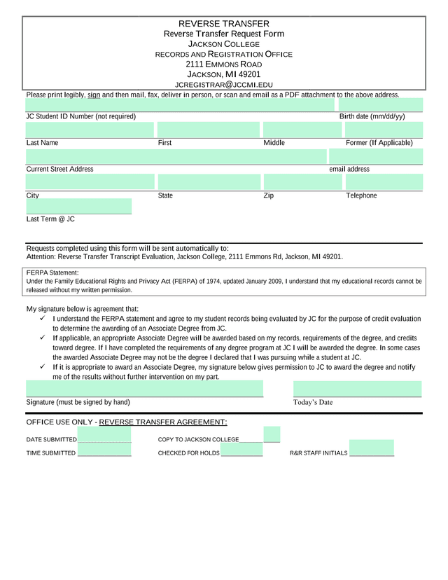 Reverse Transfer Request Form screenshot