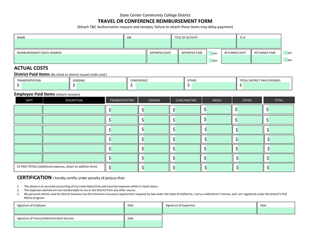 Travel Or Conference Reimbursement Form screenshot