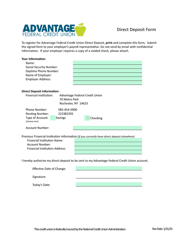 Direct Deposit Form screenshot